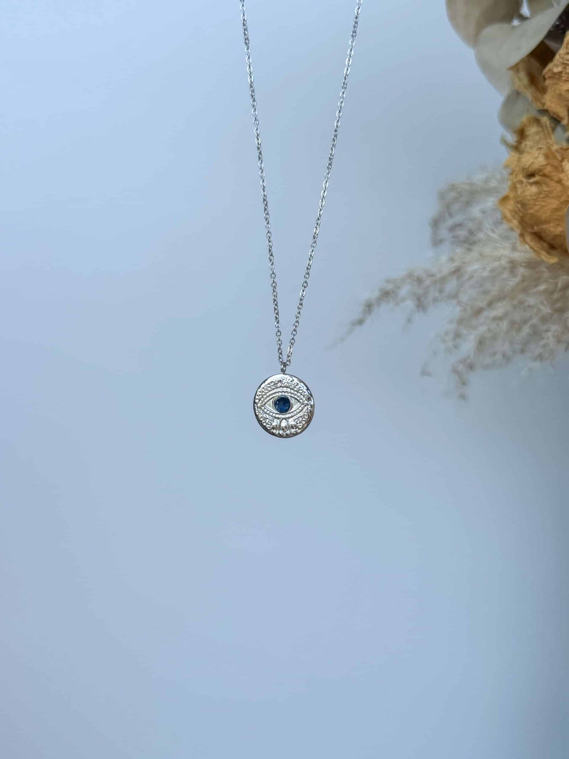 Γυναικείο Ασημί Κολιέ “Μάτι” με Μπλε Ζιργκόν