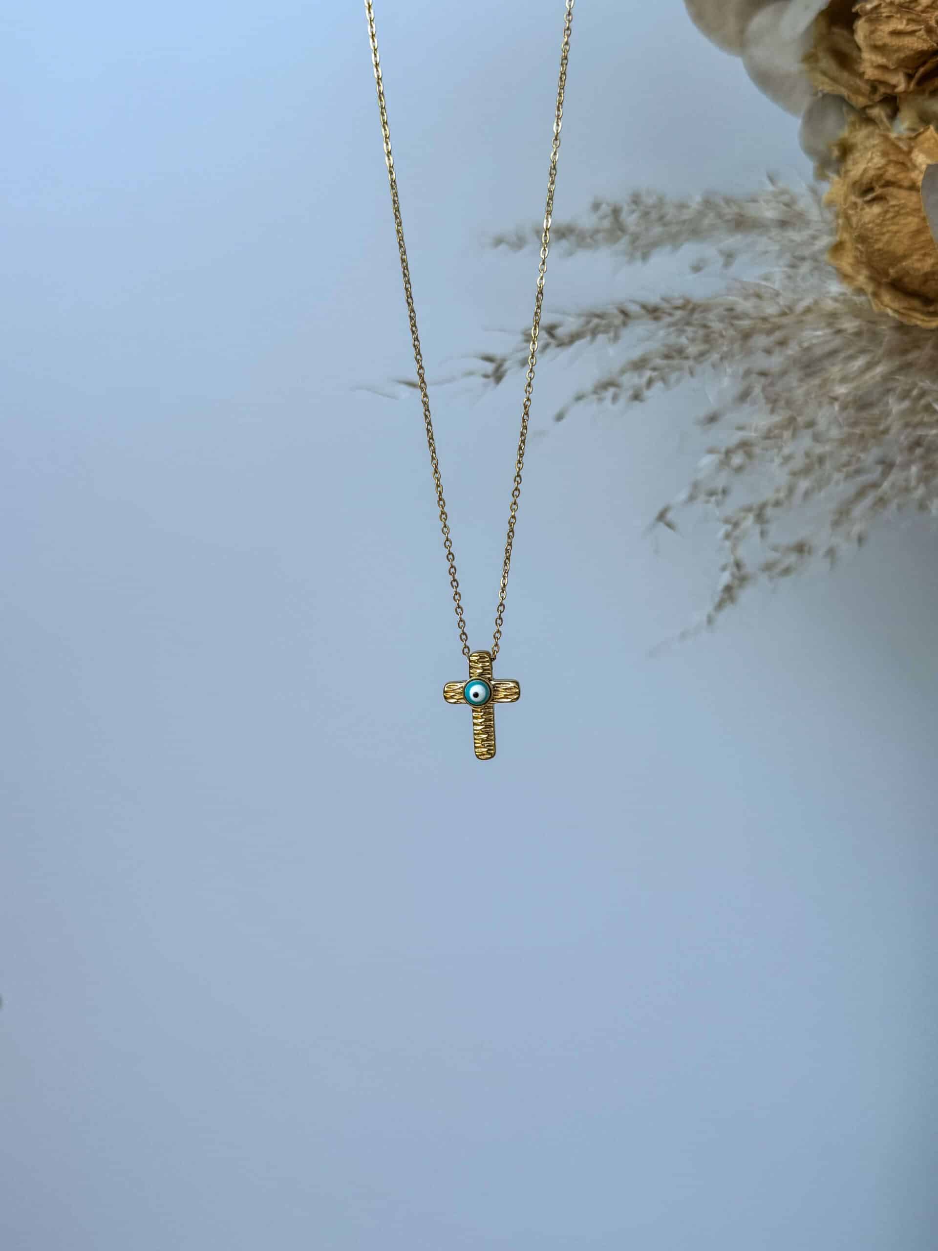 χρυσό Γυναικείο Κολιέ Σταυρός με Μάτι στο Κέντρο