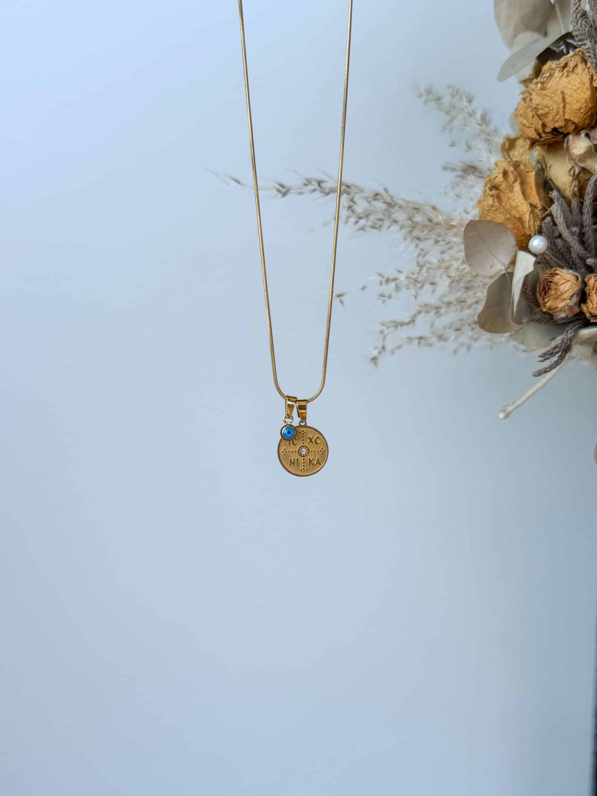 χρυσό κολιέ κωνσταντινάτο φλουρί με ματάκι