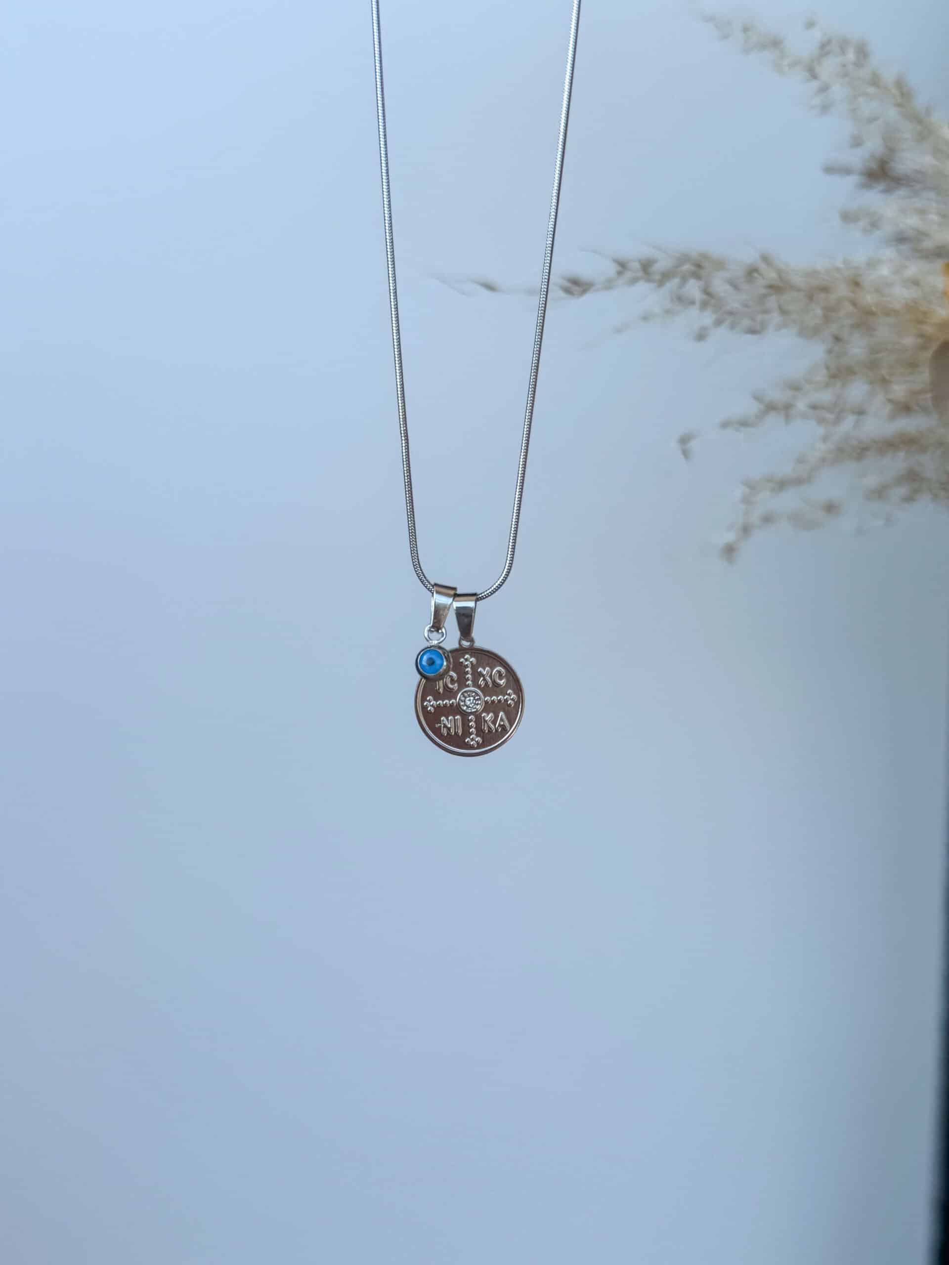 Ασημί κολιέ κωνσταντινάτο φλουρί με ματάκι